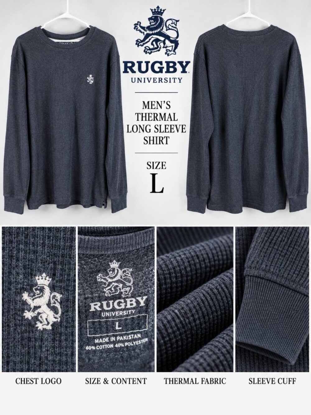 Rugby University Men's Charcoal Gray Waffle Thermal Shirt L NWT